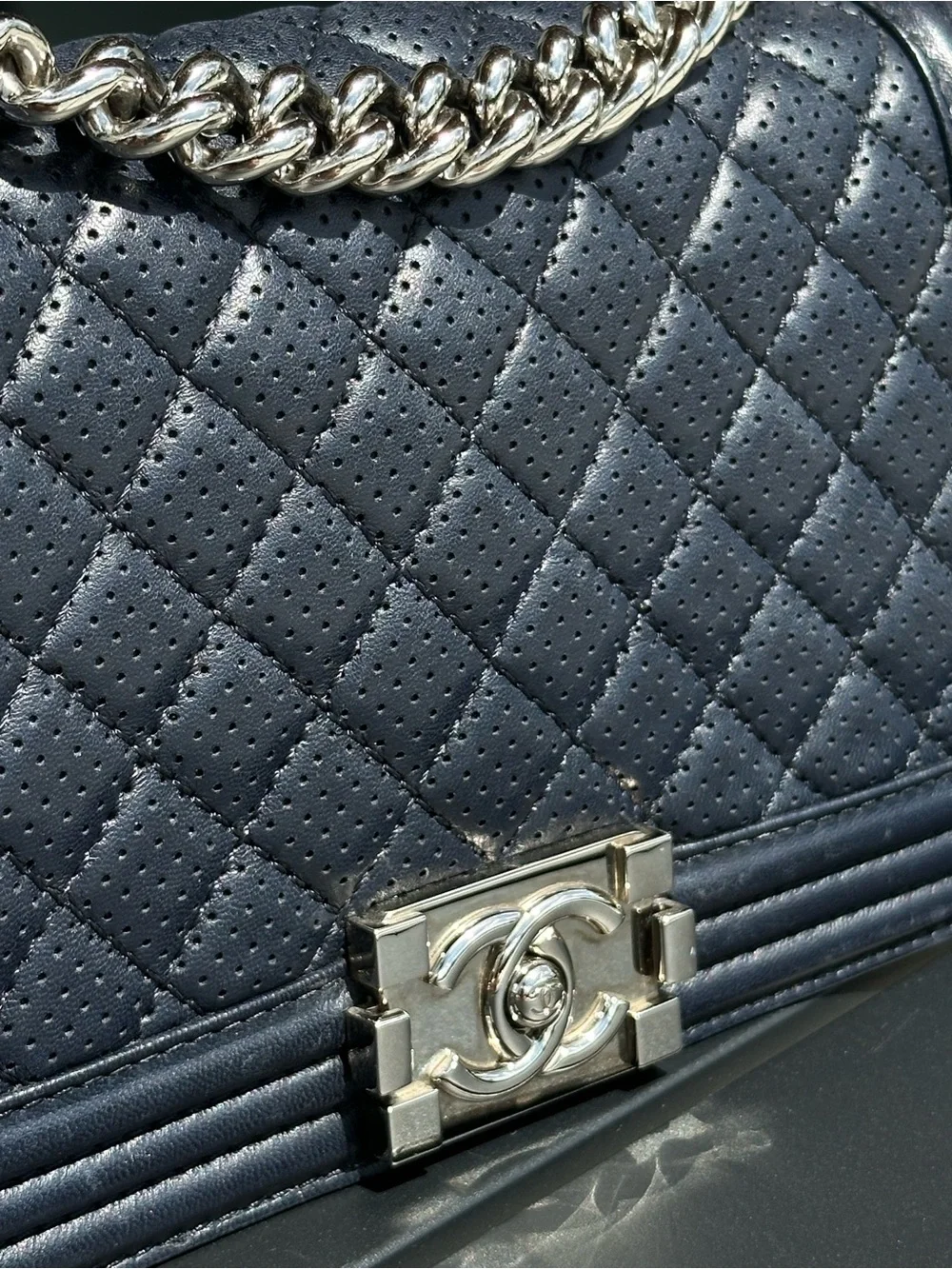 Authentic Vintage Chanel Perforated Old Medium Boy Flap Bag